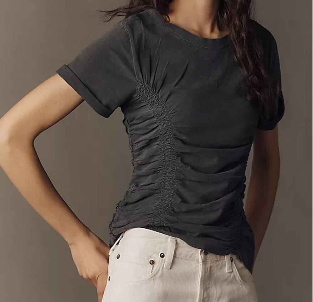 Pilcro Bennie Gray Cotton Ruched Crew Neck Tee (M)